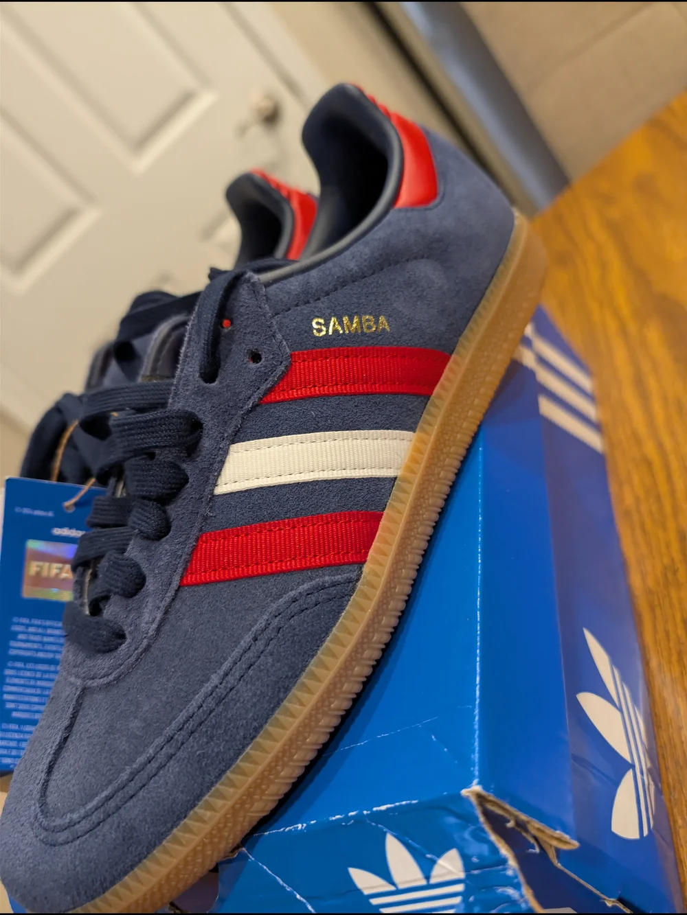 Adidas Samba OG FIFA World Cup Suede Sneakers - Navy with Red & White Stripes